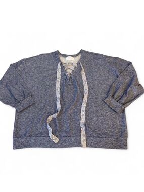 Sugarfox Lace Up Boho Lightweight Sweatshirt Womens 2X Cottage Beach Blue Floral